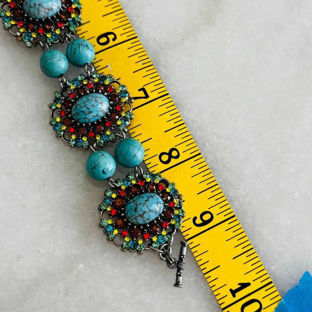Boho Faux Turquoise Multi-Color Rhinestone Bracelet & Chandelier Earring Set